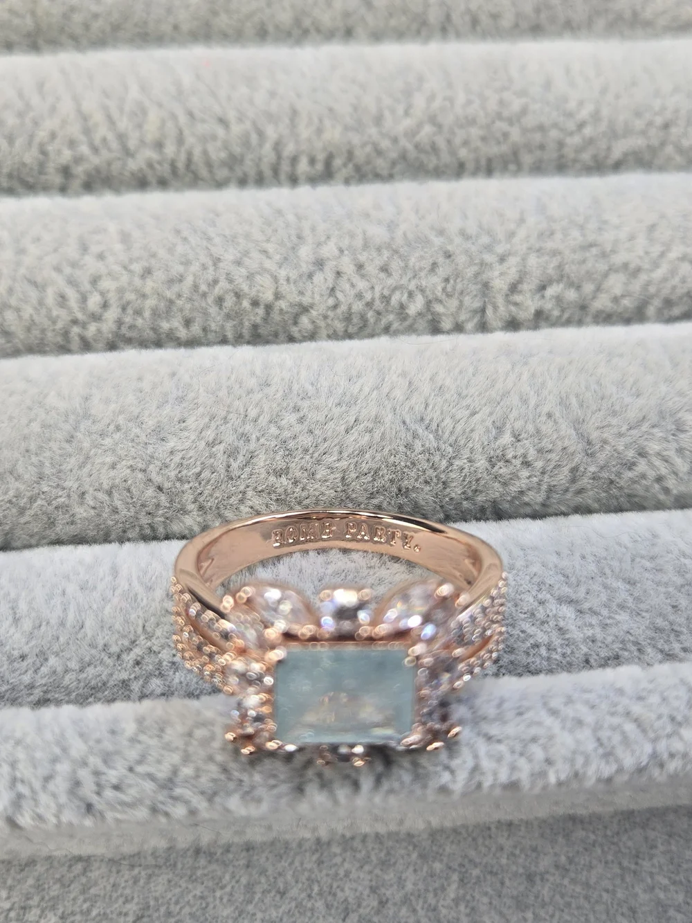 Size 8 Bomb Party Blue Sapphire Ice Crystal Rose Gold Plated